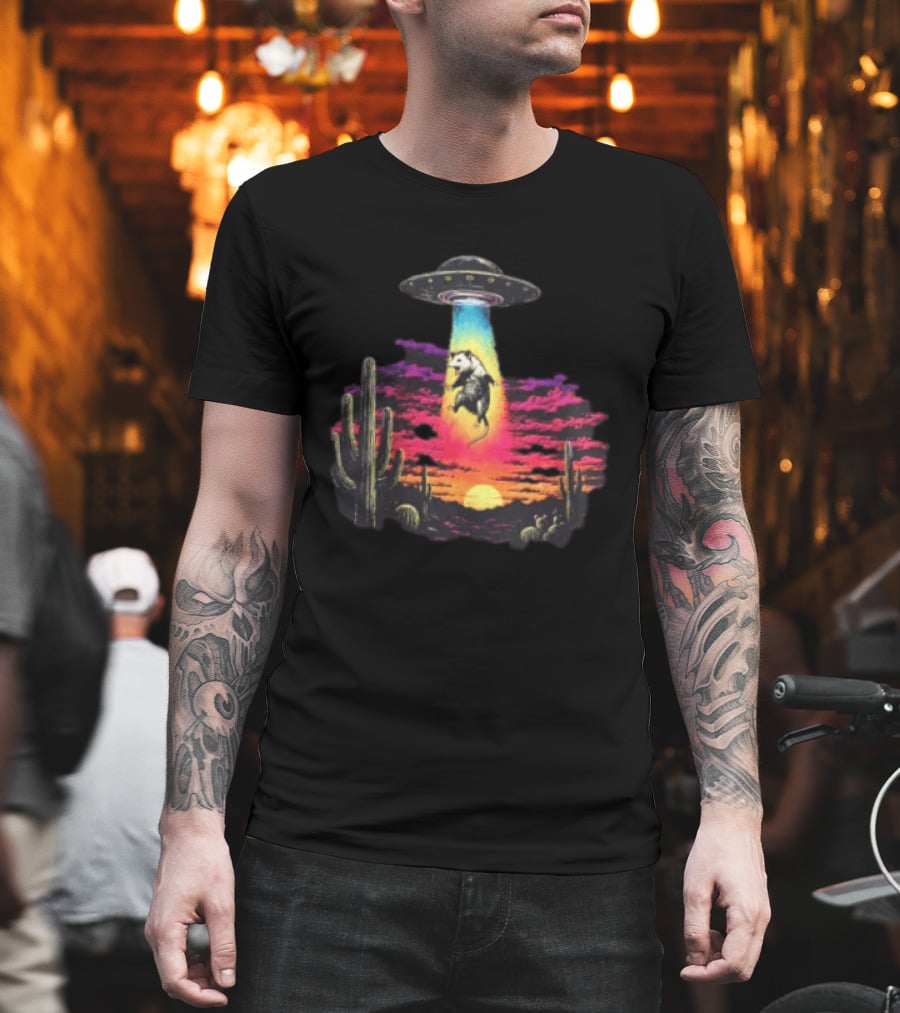 UFO Opossum Abduction In Desert Sunset Scene With Cacti And Colorful Sky T-Shirt