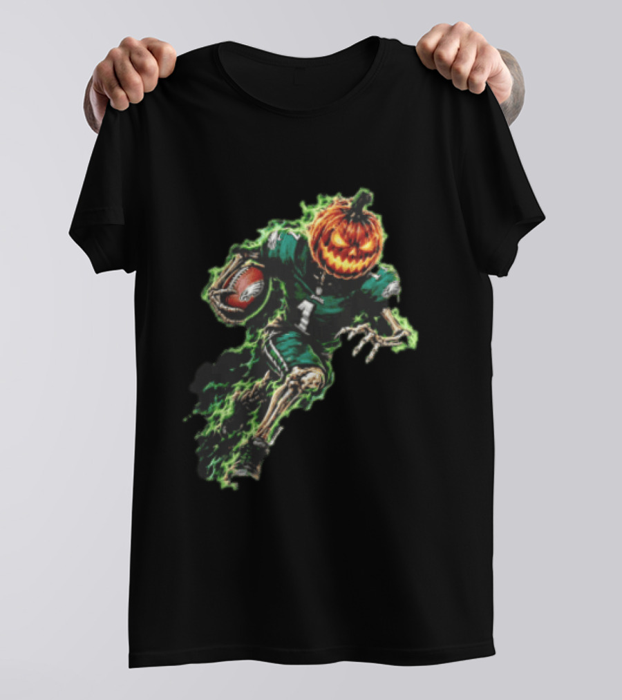 Philadelphia Eagles Pumpkin Head Skeleton Player Green Flames Football T-Shirt