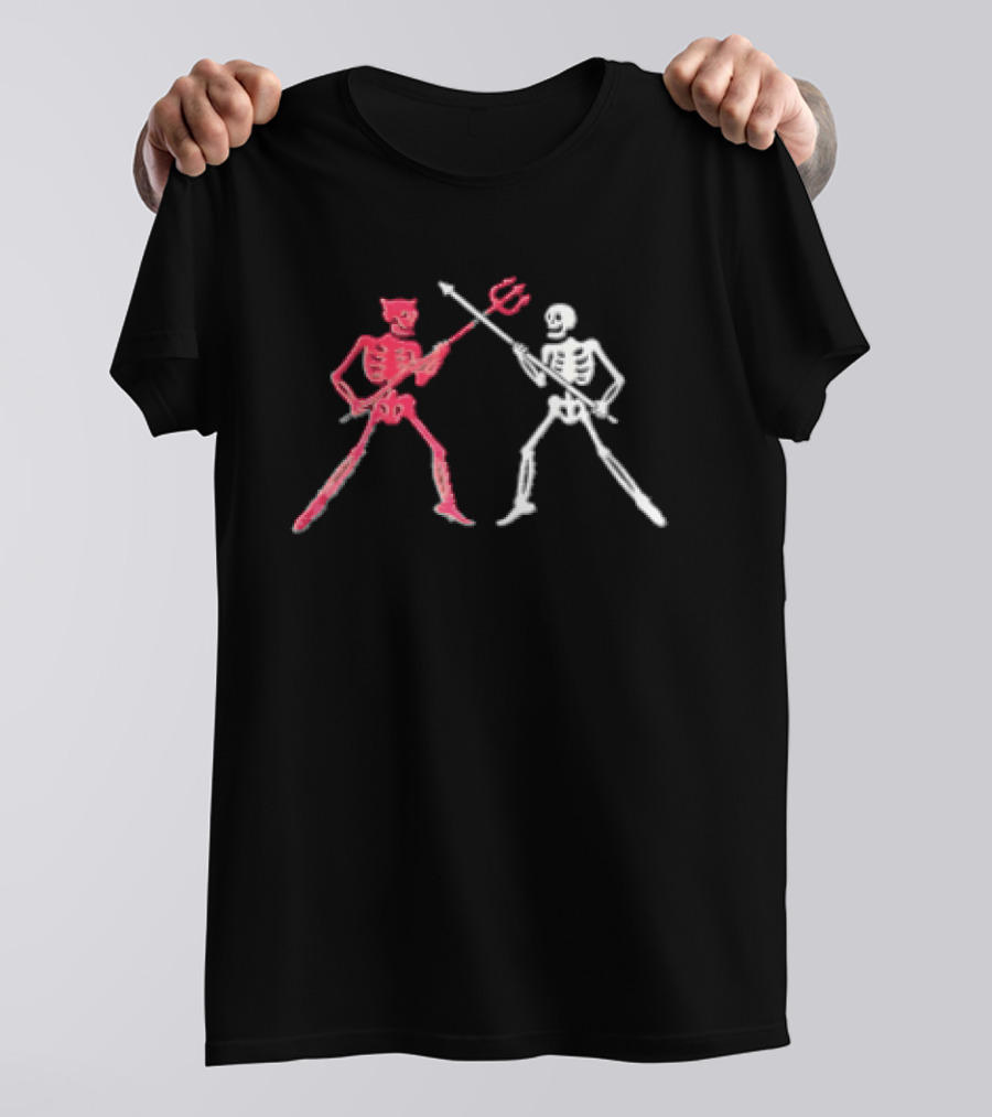 Red Horned Devil And White Skeleton Dueling With Spear And Trident Line T-Shirt
