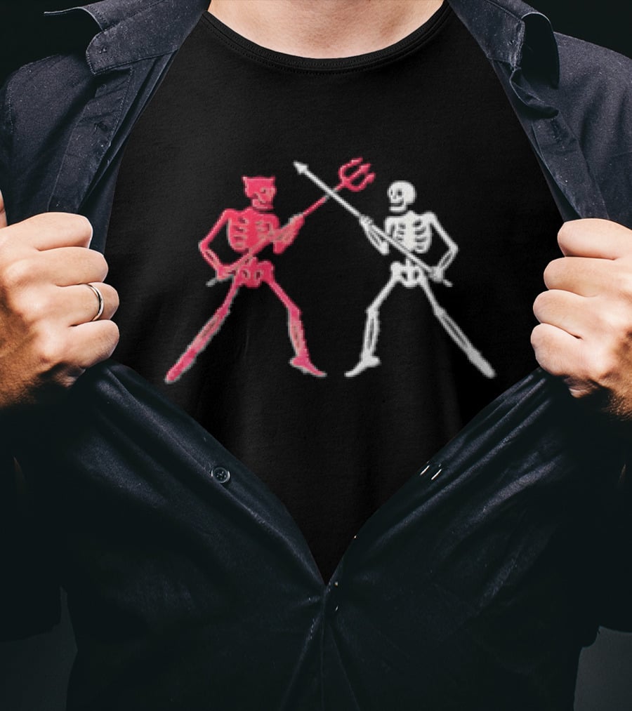Red Horned Devil And White Skeleton Dueling With Spear And Trident Line T-Shirt