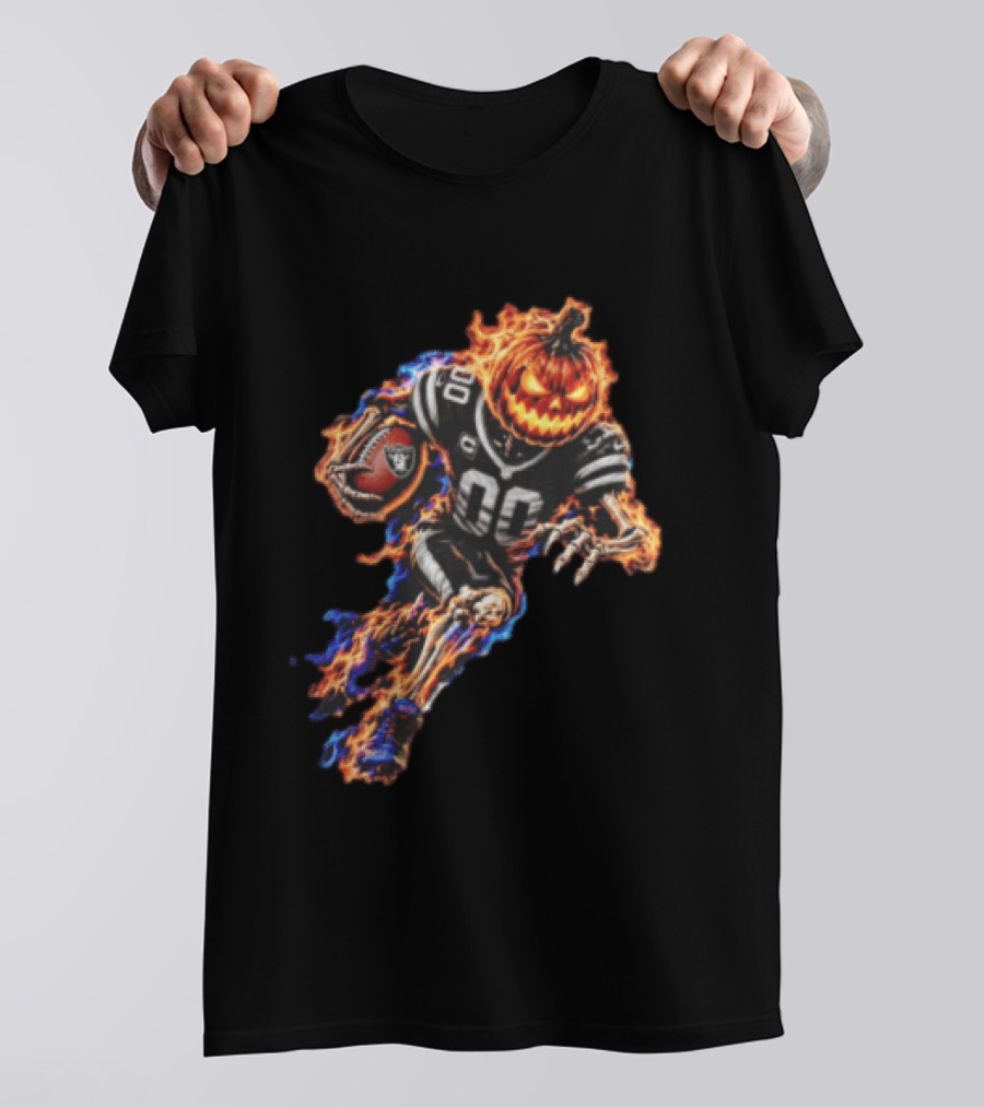 Las Vegas Raiders Flaming Pumpkin Skeleton Football Player Halloween T-Shirt