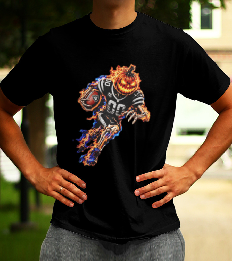 Las Vegas Raiders Flaming Pumpkin Skeleton Football Player Halloween T-Shirt