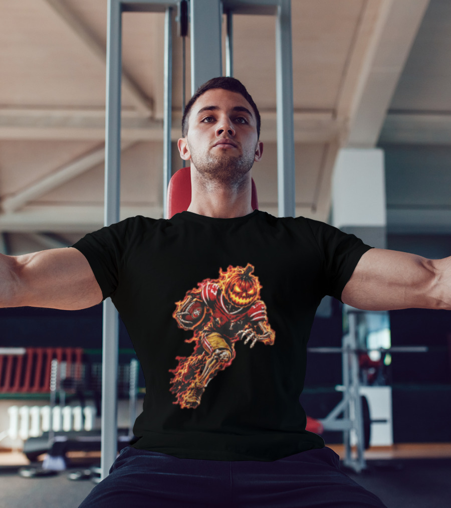San Francisco 49ers Halloween Fiery Pumpkin Head Skeleton Football Player T-Shirt