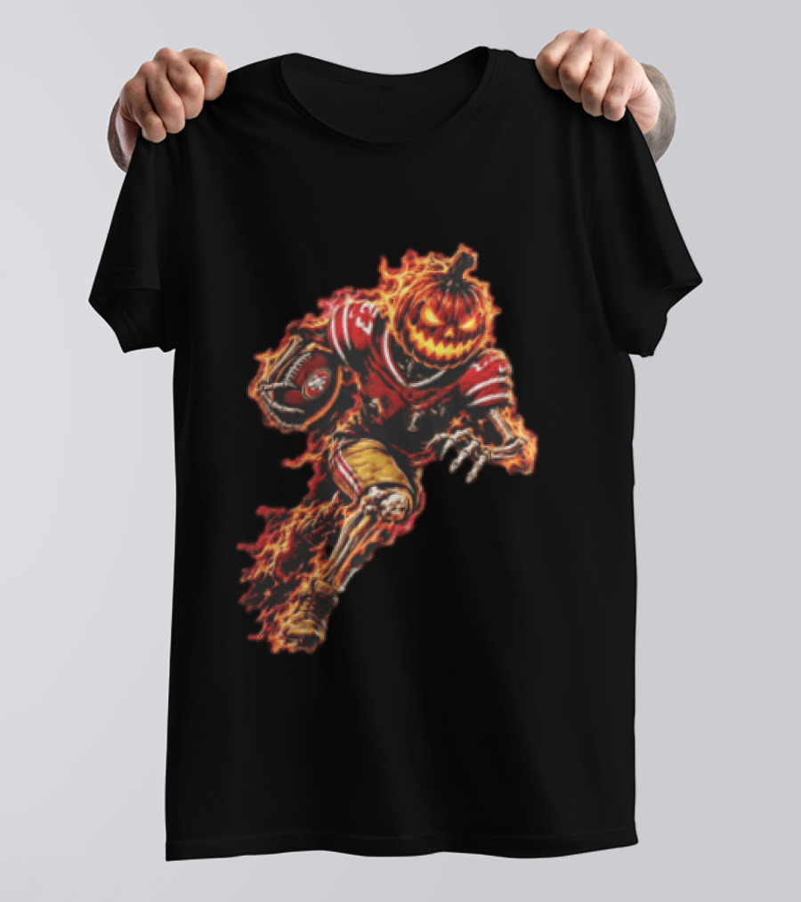 San Francisco 49ers Halloween Fiery Pumpkin Head Skeleton Football Player T-Shirt