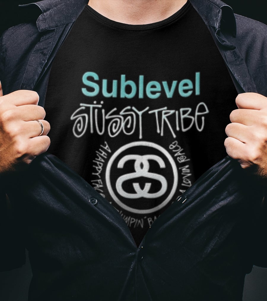 Stussy Sublevel Tribe A Happy Face Thumpin Bass For Lovin Race Interlocking Double S T-Shirt