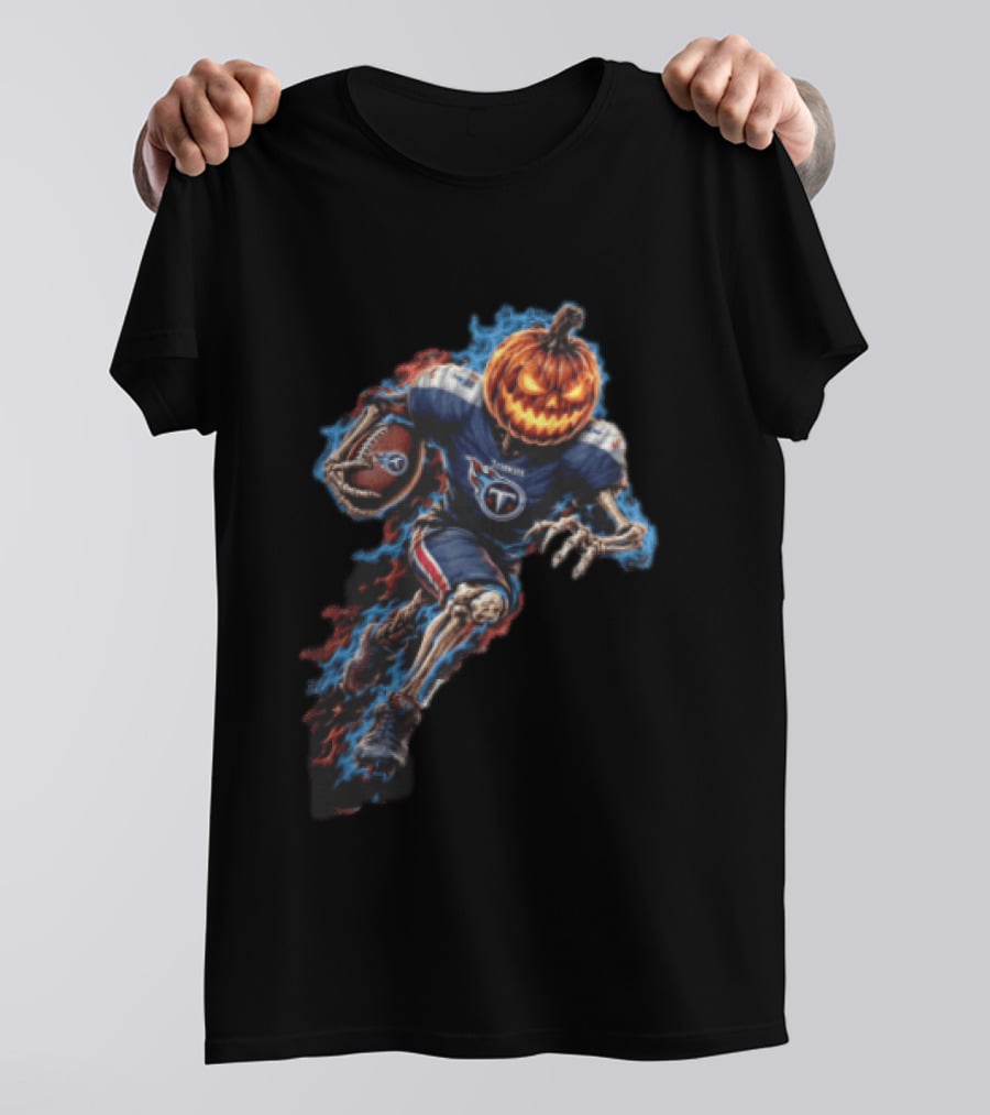 Tennessee Titans Pumpkin Head Skeleton Football Player Blue Flames Halloween NFL T-Shirt