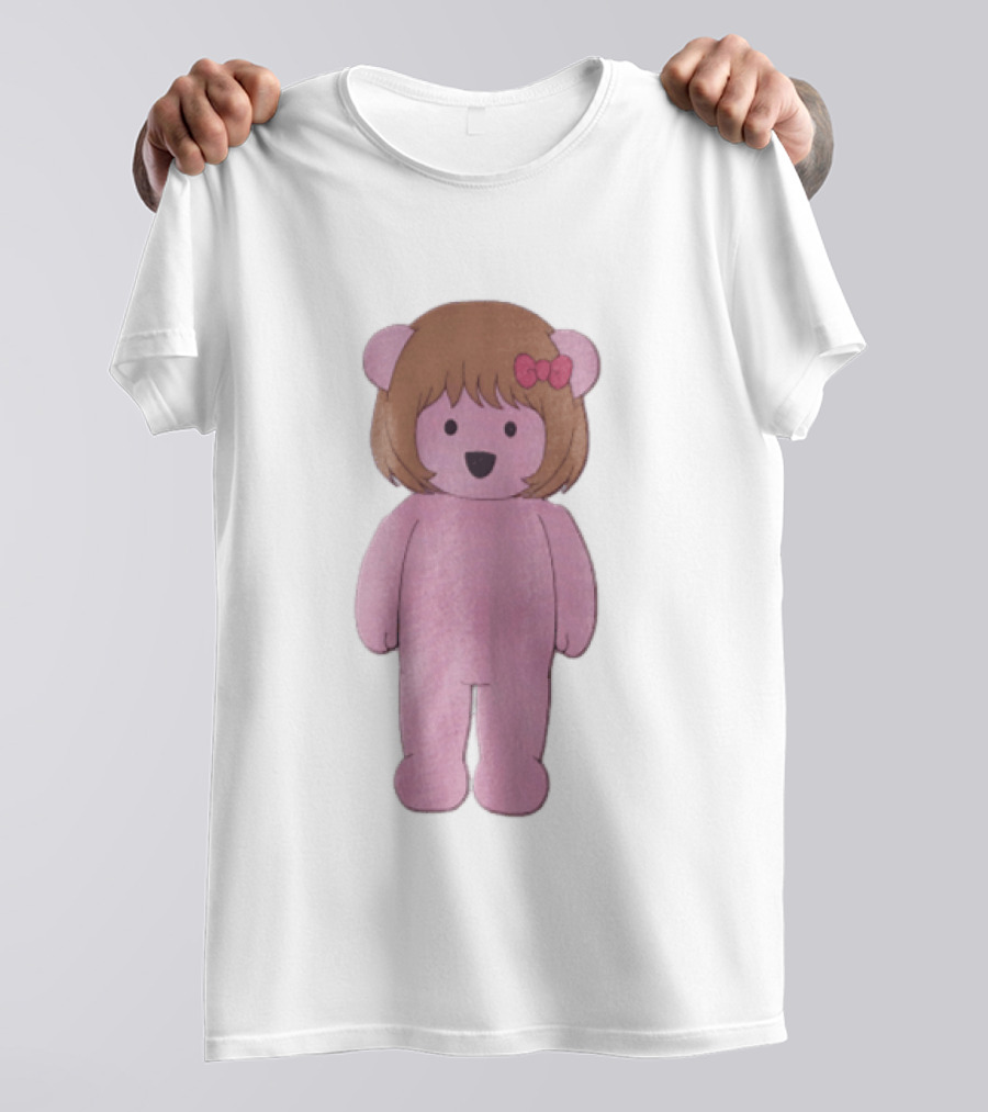 Cartoon Pink Bear With Brown Bob Haircut And Red Ribbon Bow T-Shirt