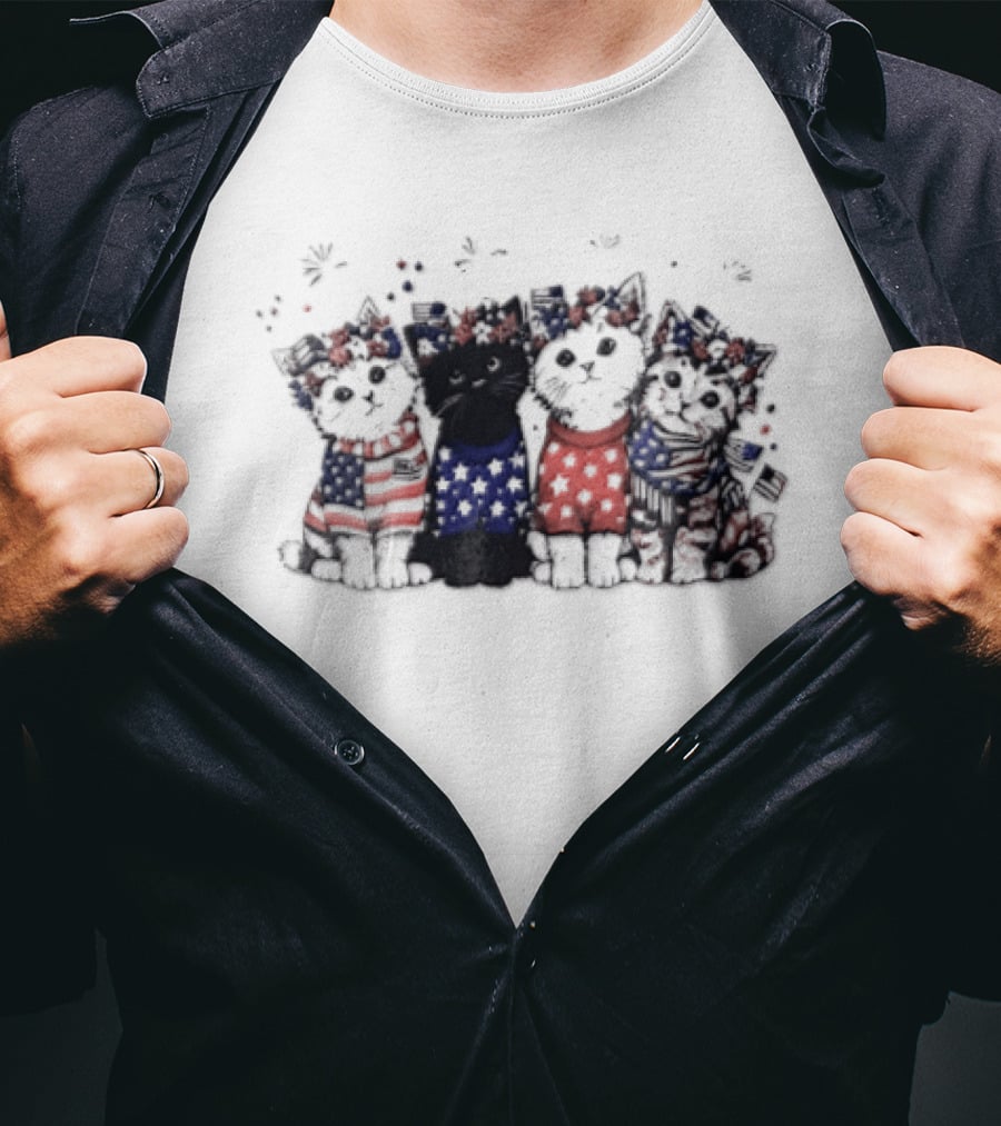 Four Patriotic Watercolor Kittens Fireworks Celebration Red White Blue T-Shirt