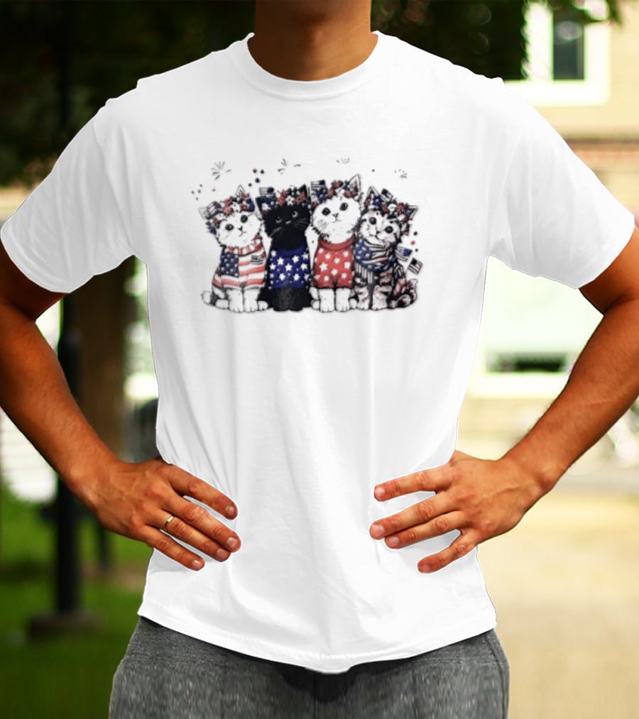 Four Patriotic Watercolor Kittens Fireworks Celebration Red White Blue T-Shirt