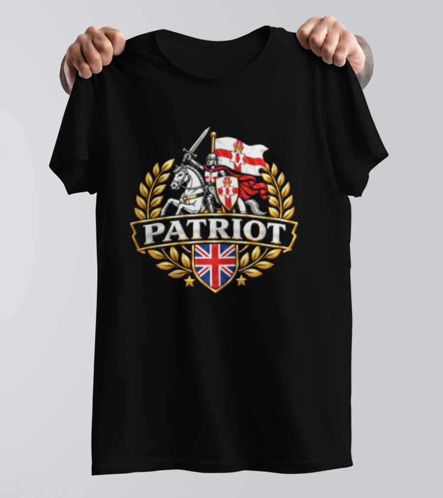 Patriot Knight Riding With Northern Ireland Flag And Union Jack Crest T-Shirt