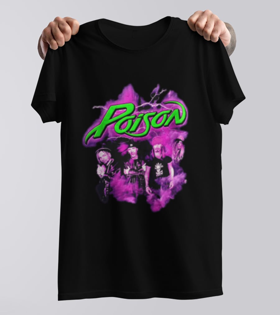Poison Band Members Graphic With Neon Green Logo And Purple Aura T-Shirt