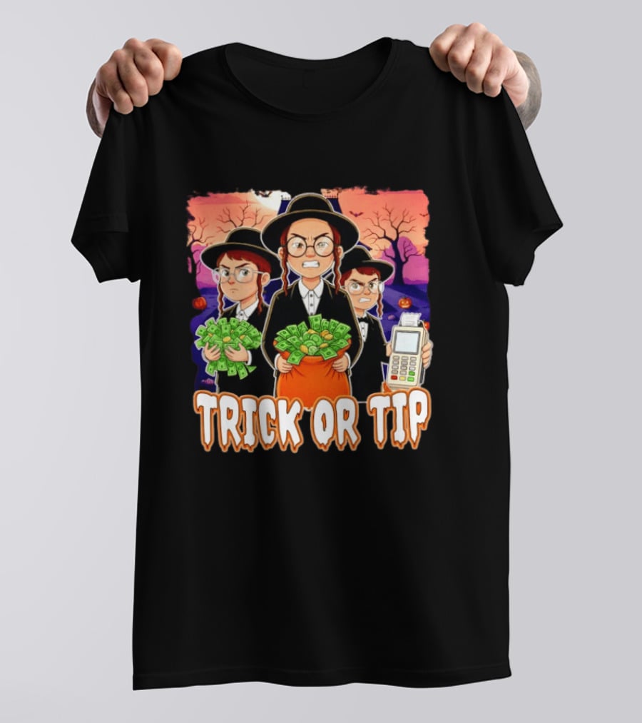 Trick Or Tip Halloween Money Bag Cartoon Characters Holding Cash And Payment Terminal T-Shirt