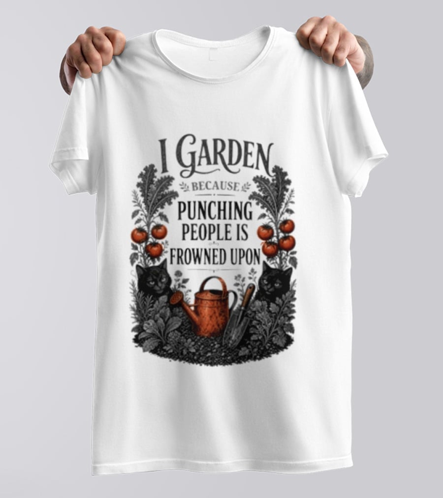 I Garden Because Punching People Is Frowned Upon Funny Gardener Tomatoes Watering Can T-Shirt