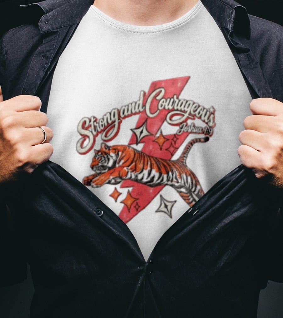 Strong And Courageous Joshua 1 9 Leaping Tiger Pink Lightning Bolt Stars T-Shirt
