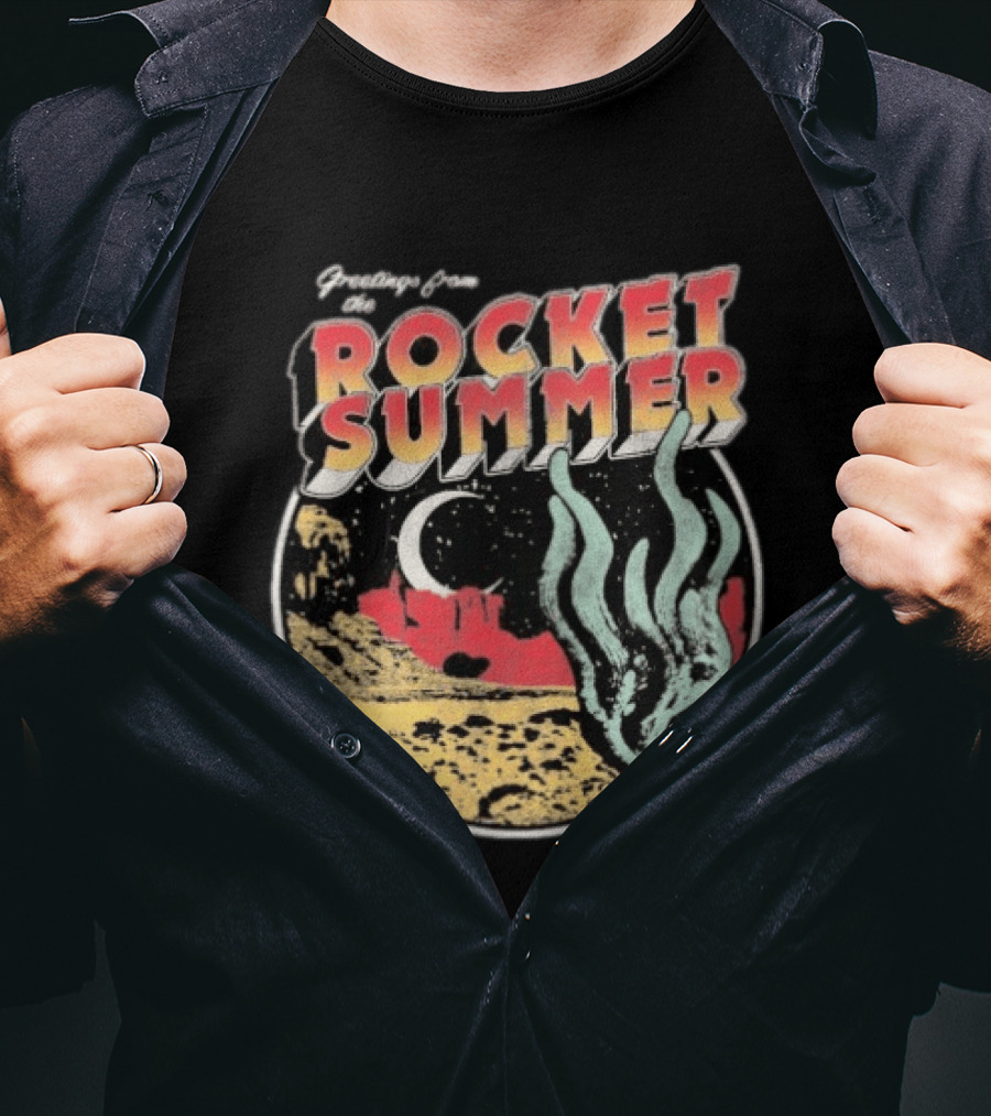 Greetings From The Rocket Summer Desert Moonlight Scene T-Shirt