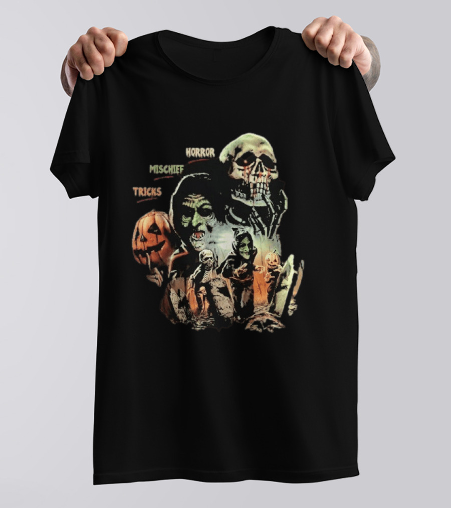 Halloween Horror Mischief Tricks Spooky Trio Skeletons And Jack O' Lanterns T-Shirt