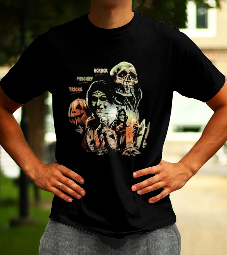 Halloween Horror Mischief Tricks Spooky Trio Skeletons And Jack O' Lanterns T-Shirt