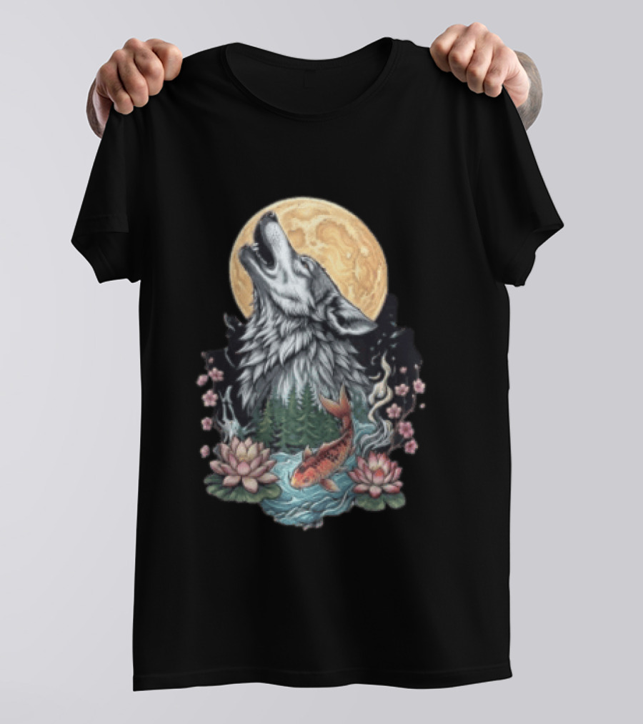 Howling Wolf Full Moon Koi Lotus Blossoms T-Shirt