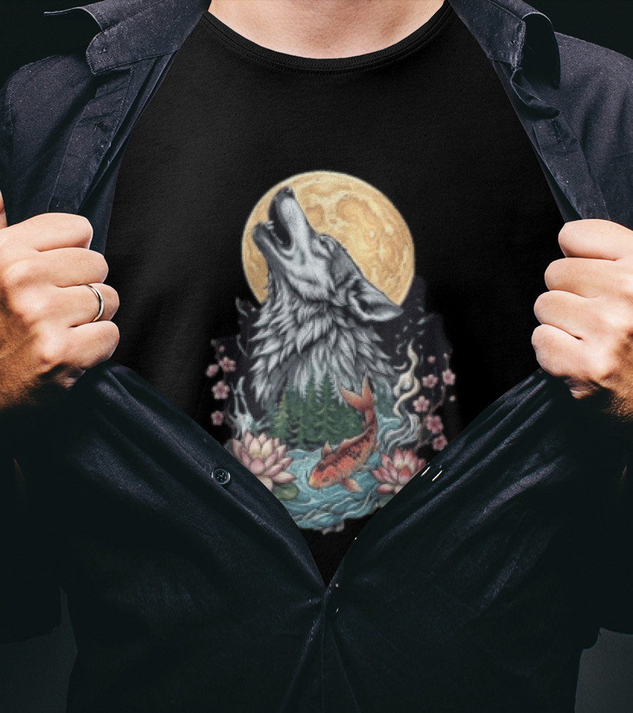 Howling Wolf Full Moon Koi Lotus Blossoms T-Shirt