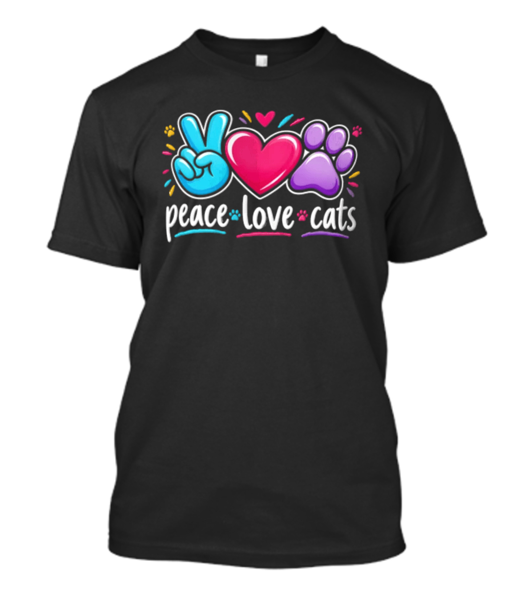 Peace Love Cats Sign Heart Paw Rainbow T-Shirt