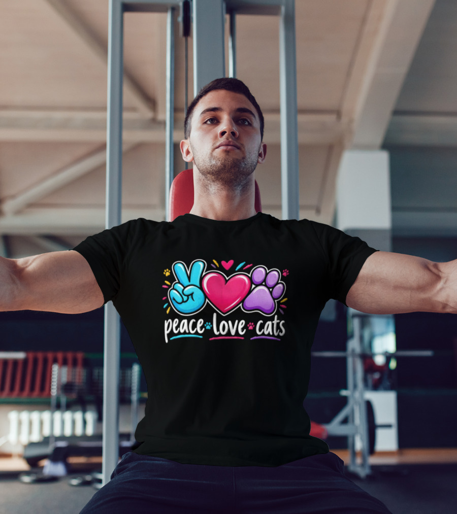 Peace Love Cats Sign Heart Paw Rainbow T-Shirt