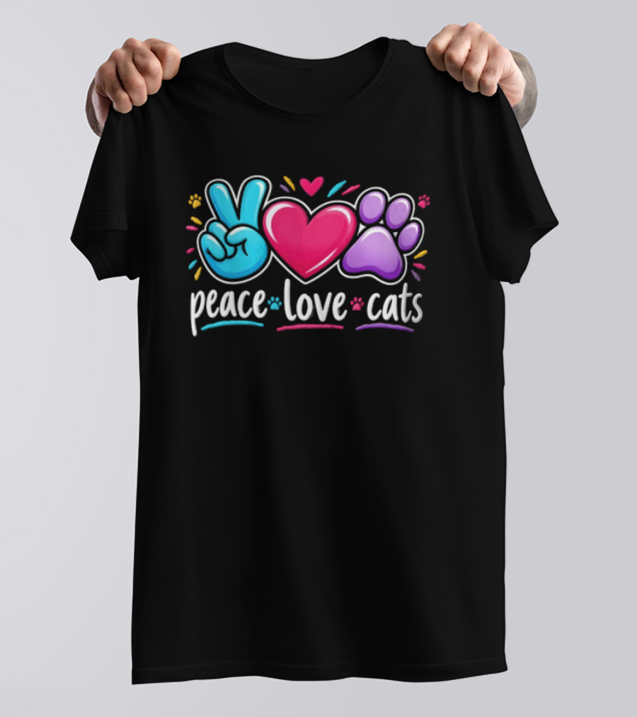 Peace Love Cats Sign Heart Paw Rainbow T-Shirt