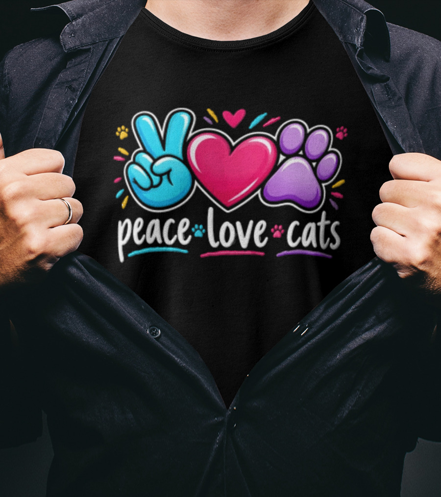 Peace Love Cats Sign Heart Paw Rainbow T-Shirt