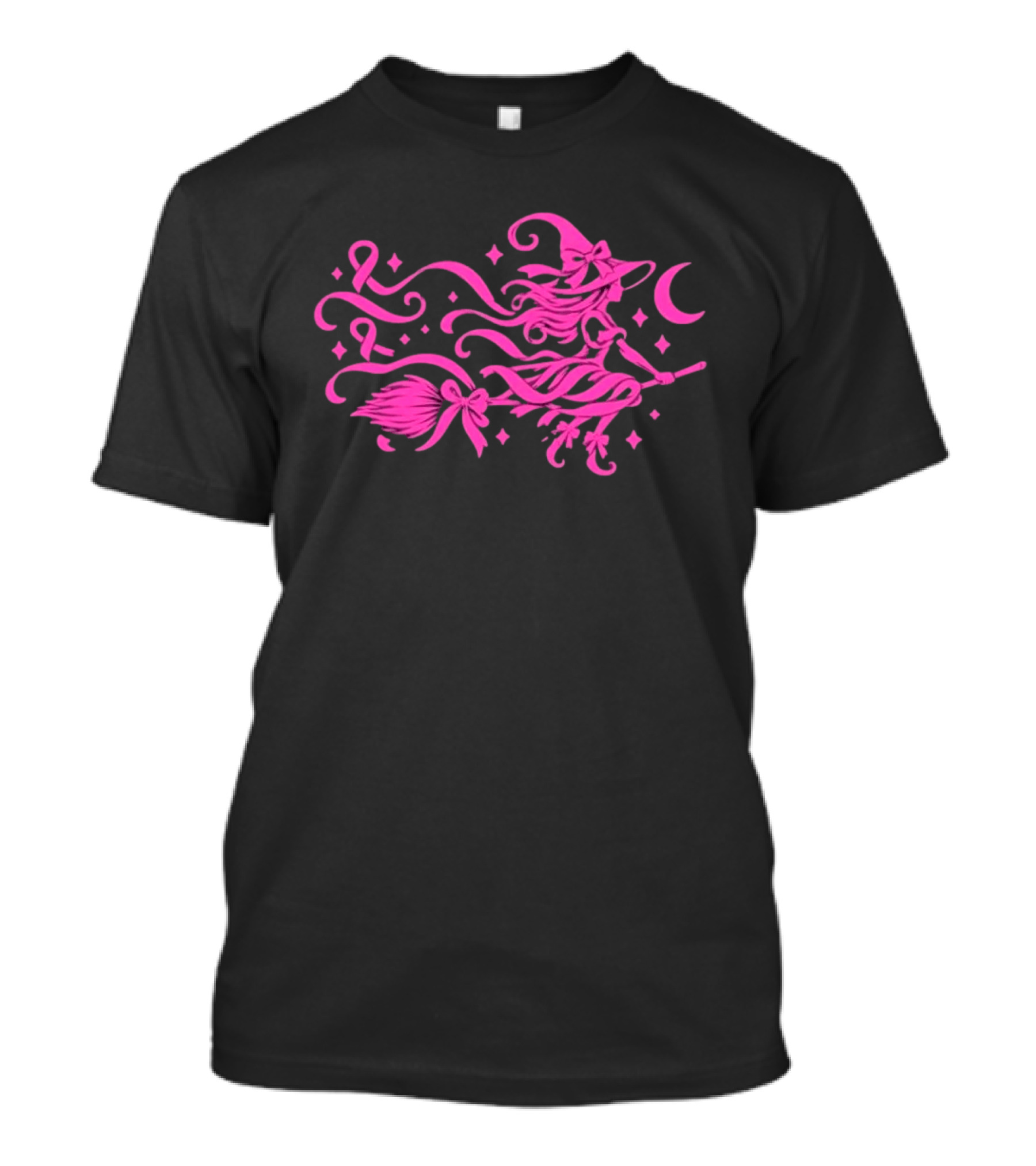 Pink Witch Riding Broom With Breast Cancer Awareness Ribbon T-Shirt