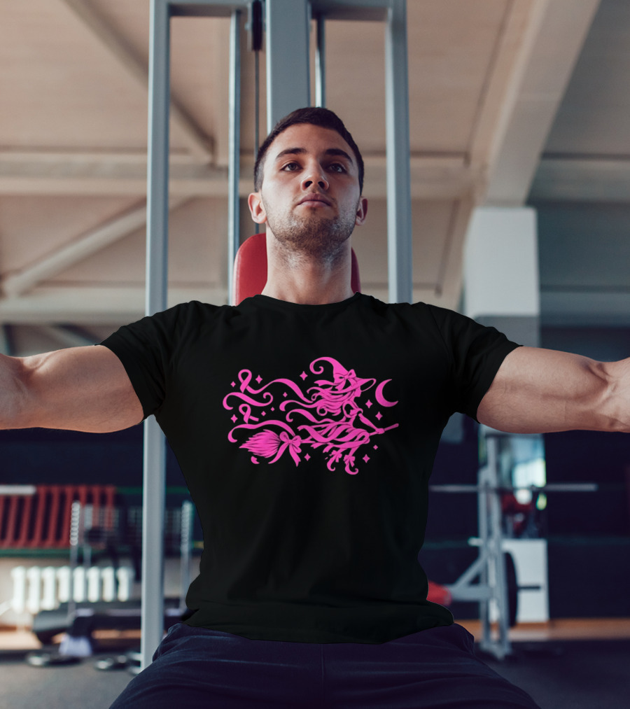 Pink Witch Riding Broom With Breast Cancer Awareness Ribbon T-Shirt