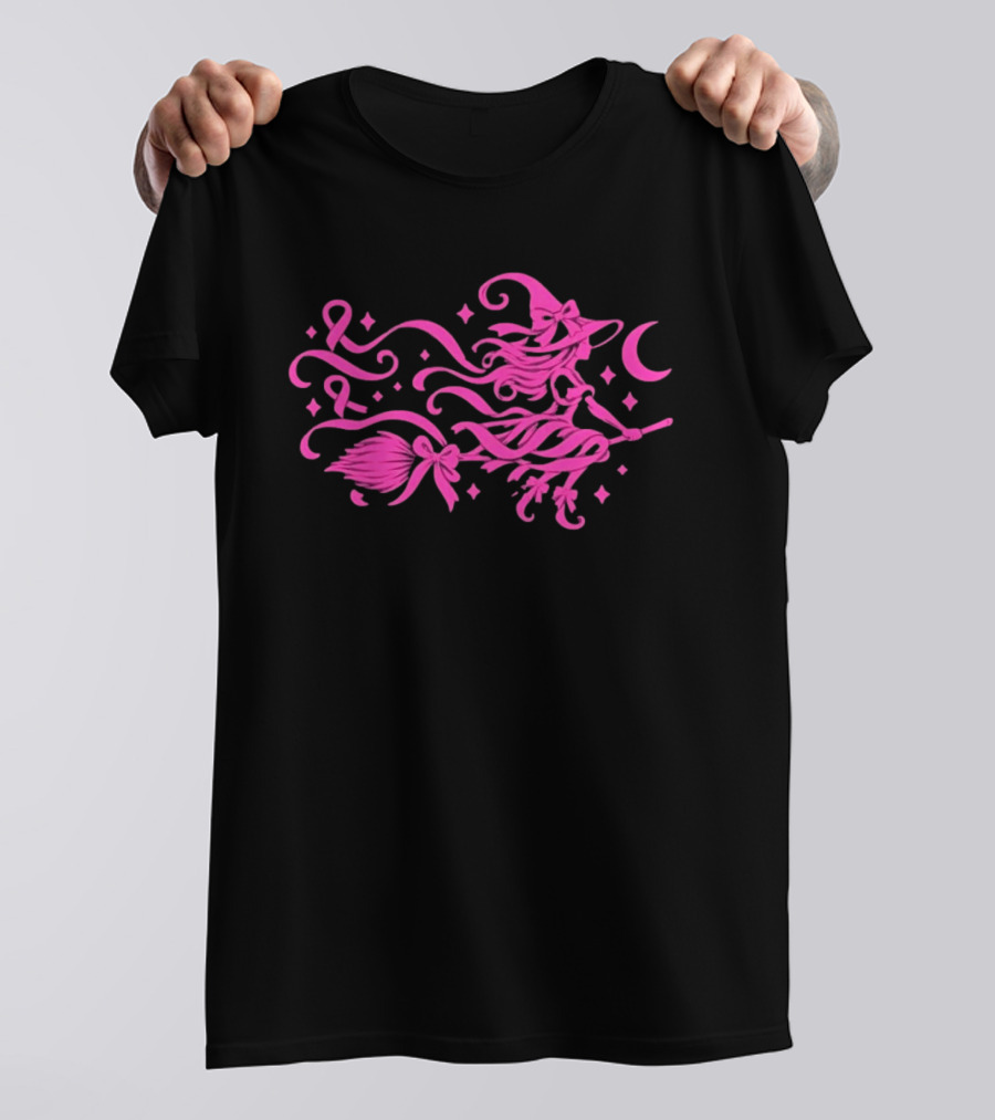 Pink Witch Riding Broom With Breast Cancer Awareness Ribbon T-Shirt