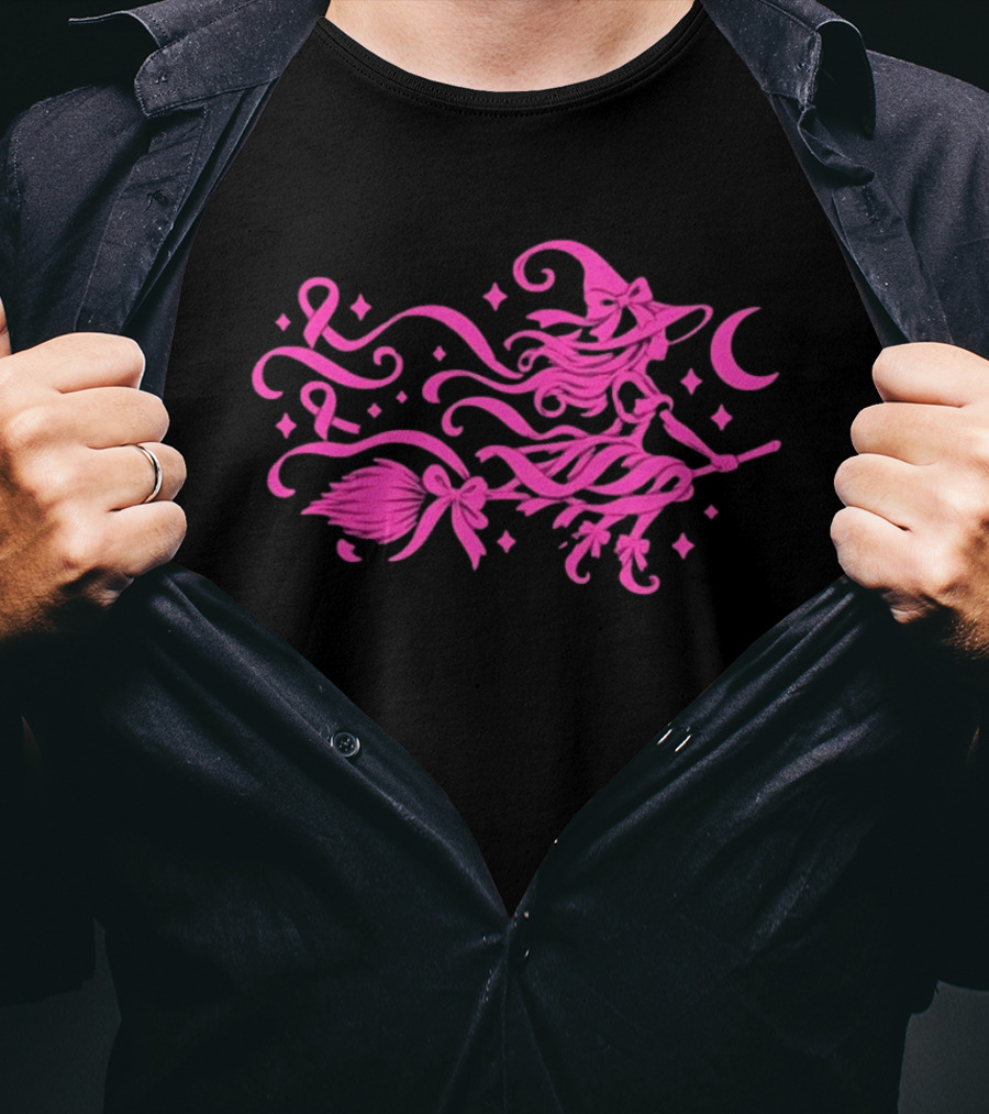 Pink Witch Riding Broom With Breast Cancer Awareness Ribbon T-Shirt