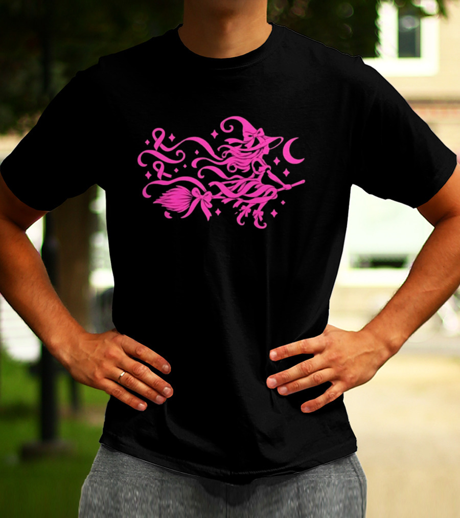 Pink Witch Riding Broom With Breast Cancer Awareness Ribbon T-Shirt