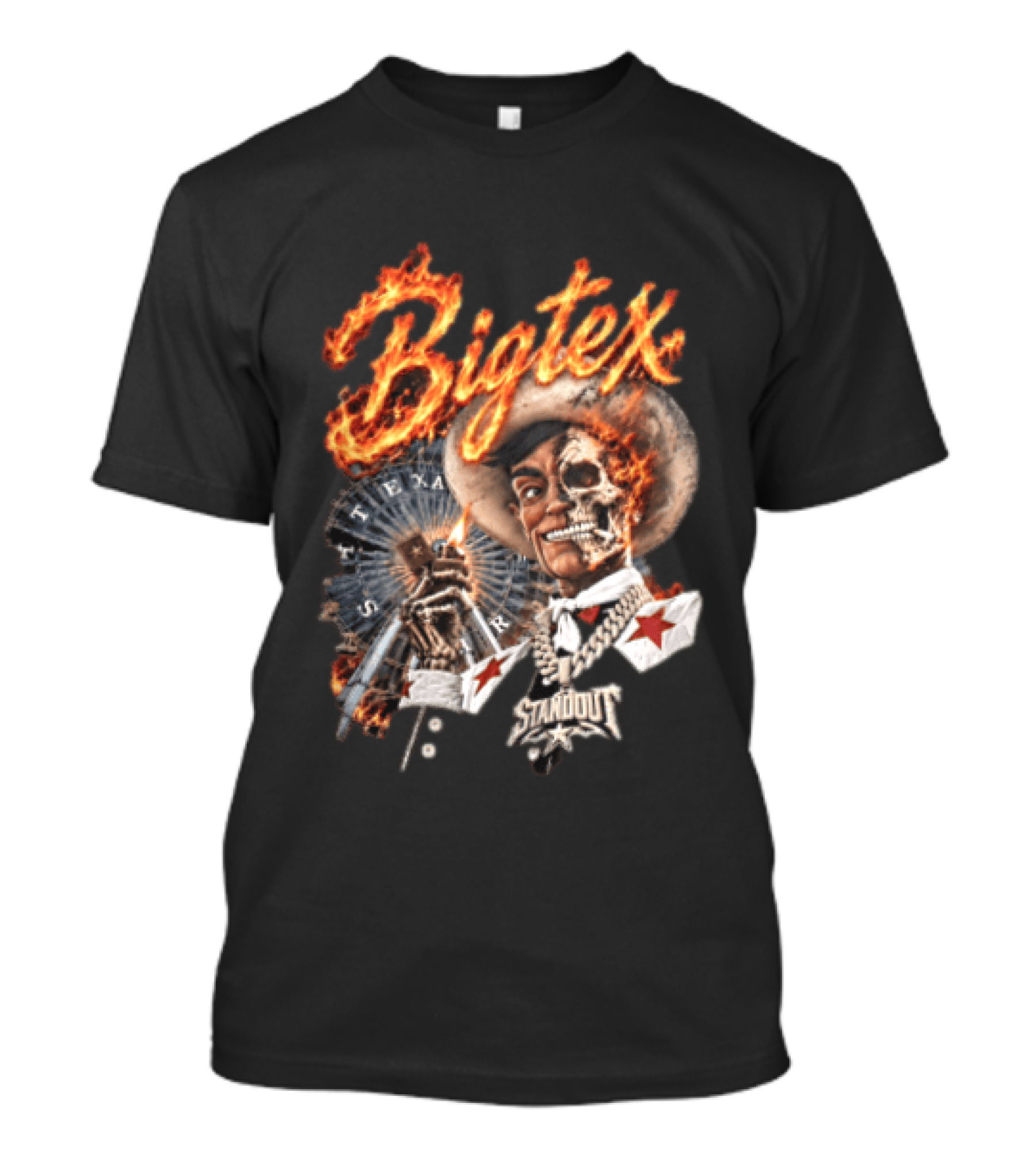 Big Tex Skeleton Cowboy Flaming Hat Texas Star Ferris Wheel T-Shirt