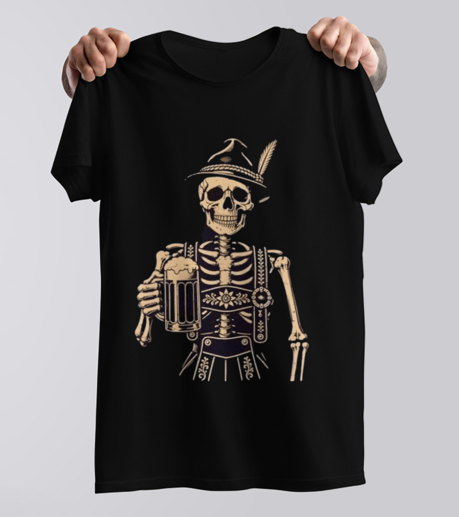 Oktoberfest Skeleton In Lederhosen With Beer And Bavarian Hat T-Shirt