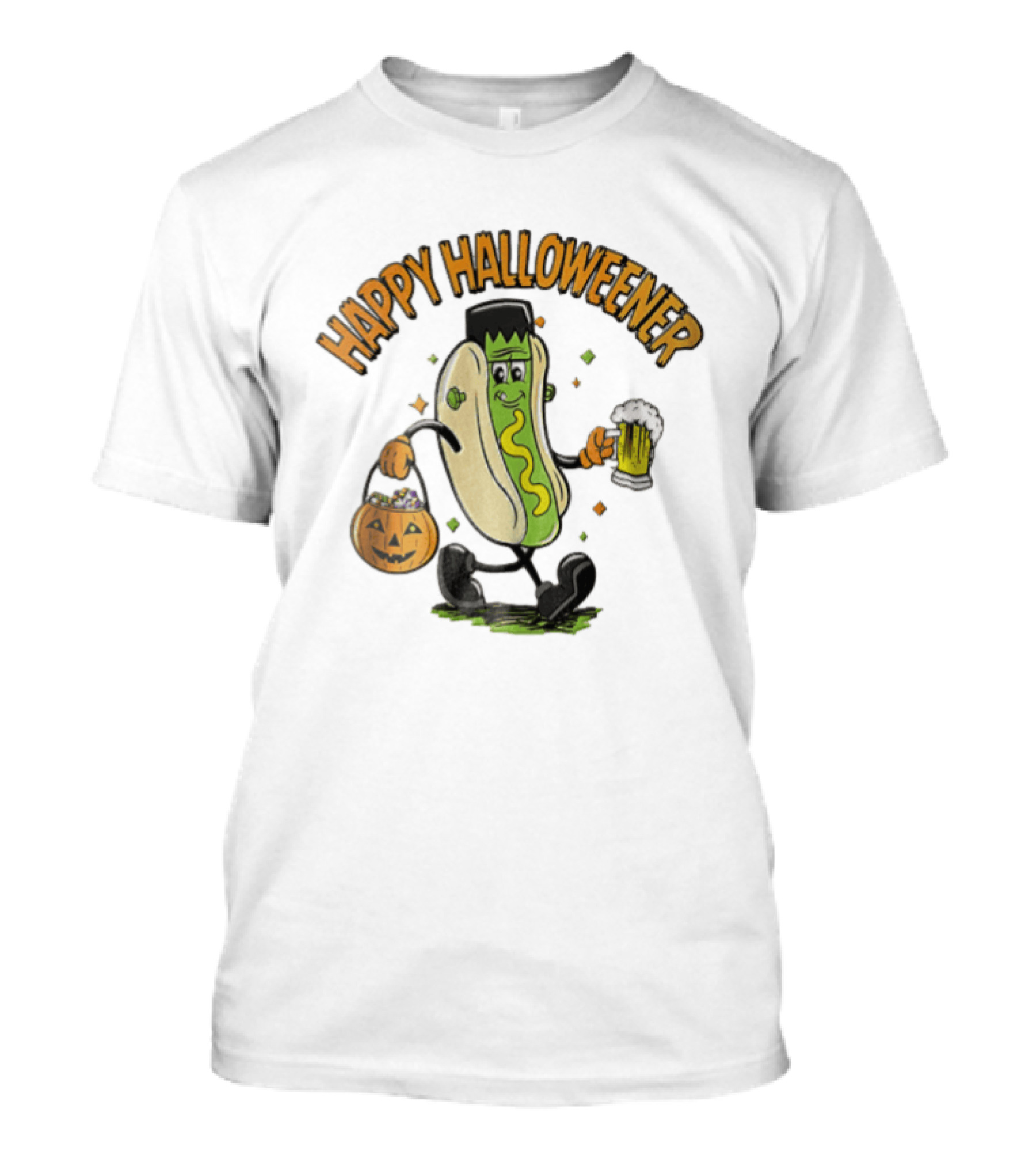 Happy Halloweener Frankenstein Hot Dog With Beer And Pumpkin Bucket T-Shirt