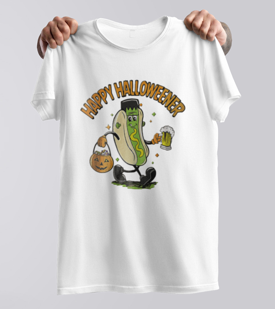 Happy Halloweener Frankenstein Hot Dog With Beer And Pumpkin Bucket T-Shirt