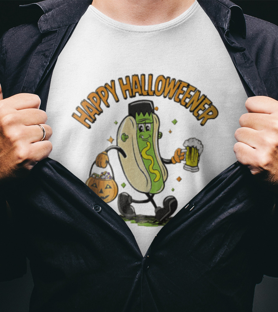 Happy Halloweener Frankenstein Hot Dog With Beer And Pumpkin Bucket T-Shirt