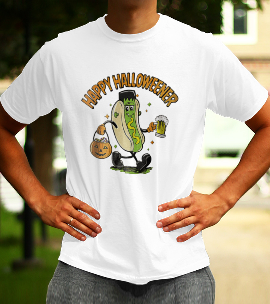 Happy Halloweener Frankenstein Hot Dog With Beer And Pumpkin Bucket T-Shirt