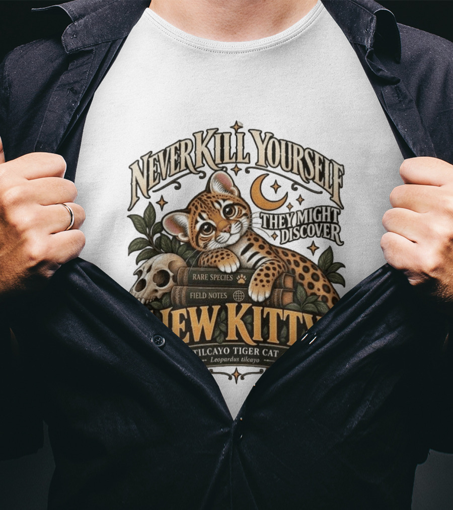 Never Kill Yourself They Might Discover New Kitty Tilcayo Tiger Cat Leopardsus Tilcayo Rare Species Field Notes T-Shirt