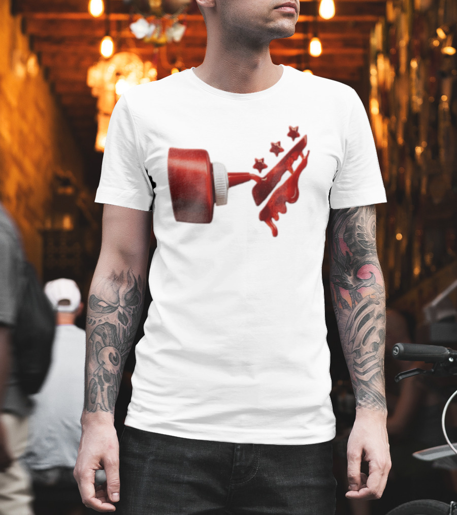 Red Squeeze Bottle Pouring Ketchup With Stars T-Shirt