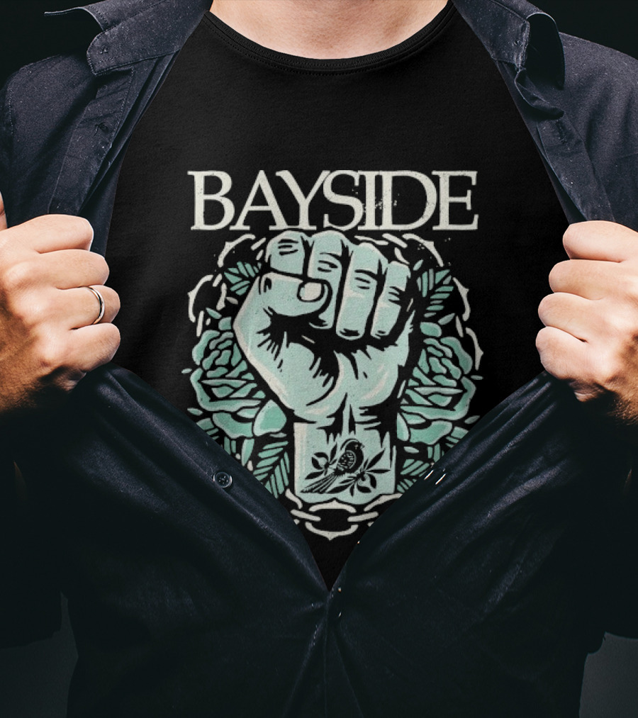 Bayside Acoustic Fist Tattoo Style With Roses And Fist In Chain Circle T-Shirt