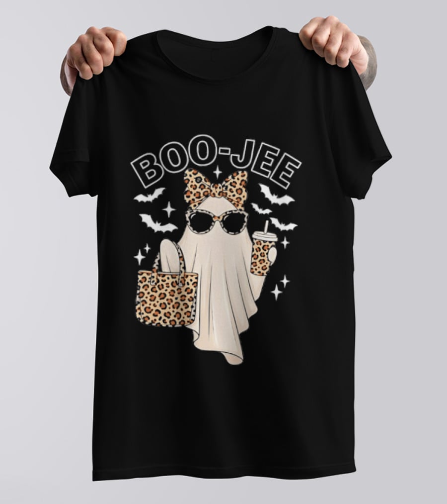 Boo Jee Stylish Ghost With Leopard Print Accessories And Bats T-Shirt