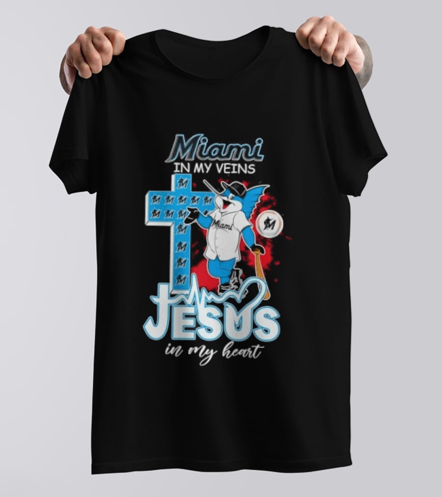 Miami Marlins In My Veins Jesus In My Heart Cross Baseball T-Shirt