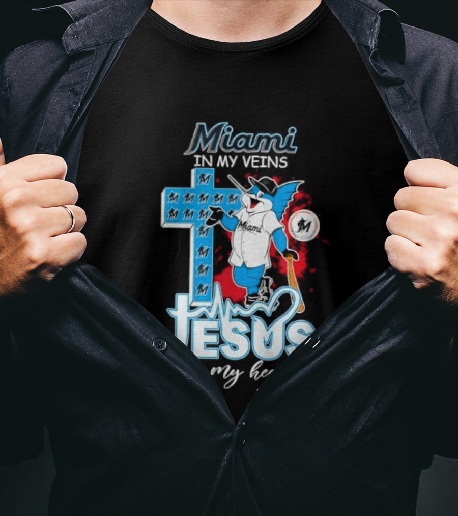 Miami Marlins In My Veins Jesus In My Heart Cross Baseball T-Shirt