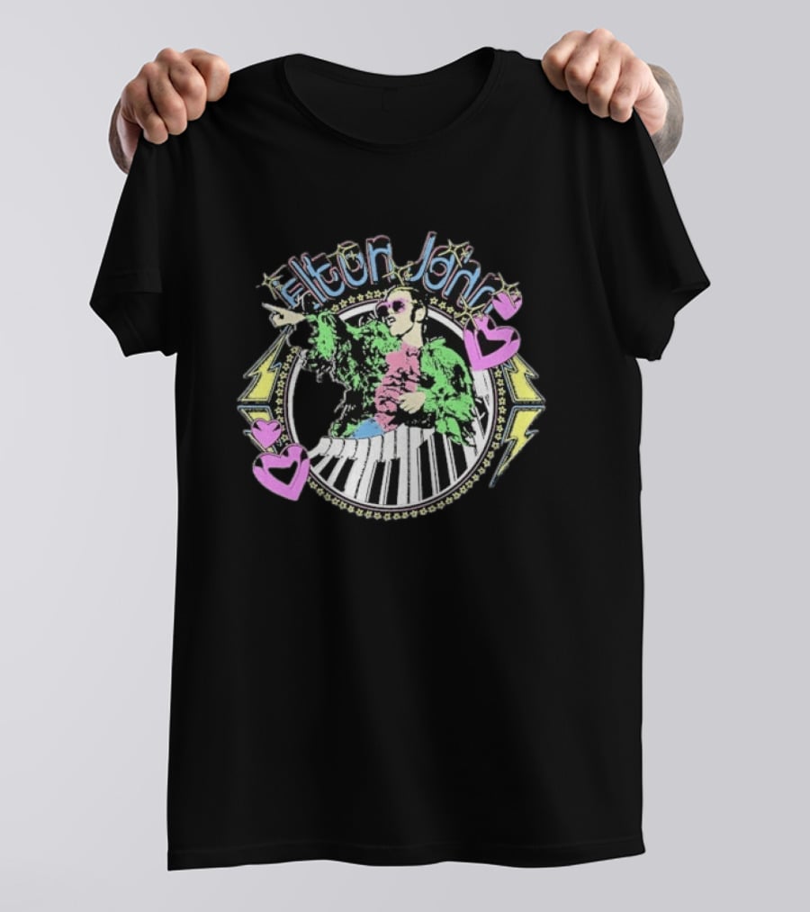 Elton John Distressed Colorful Piano And Hearts T-Shirt