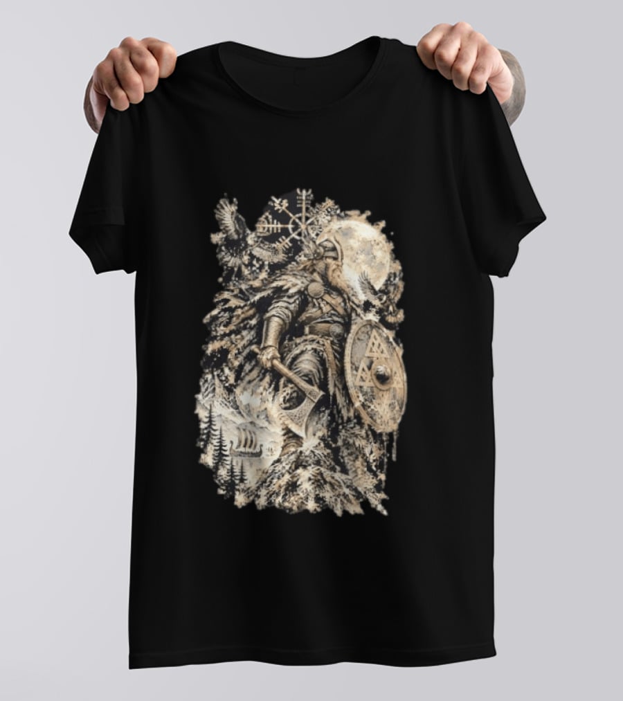 Norse God Viking Warrior Axe Valknut Symbol Raven Longship T-Shirt