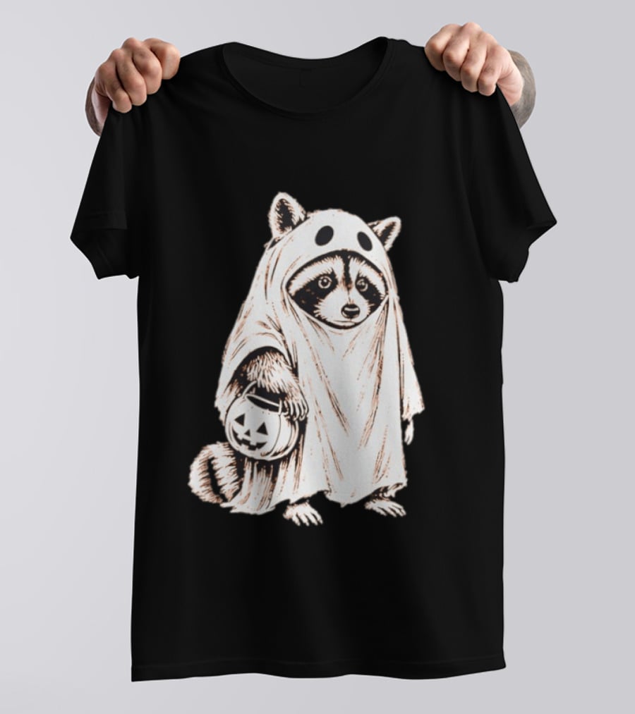 Raccoon Ghost Holding Pumpkin Bucket Halloween 2026 T-Shirt