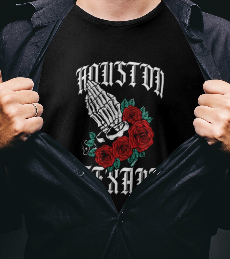 Houston Texans Praying Hands Red Roses Dia De Los Muertos T-Shirt