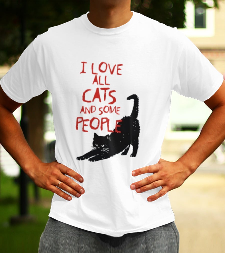 I Love All Cats And Some People Funny Cat Lovers Stretching Black Cat T-Shirt