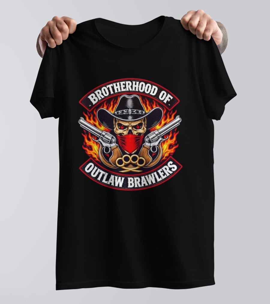 Brotherhood Of Outlaw Brawlers Skull Cowboy With Guns And Brass Knuckles Fiery Badass Wild West T-Shirt